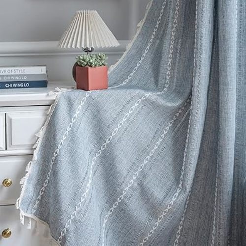 ColorBird Boho Curtains for Living Room, 2 Panels 63 inch Blue Darkening Drapes, Embroidered Striped Farmhouse Sliding Door Vintage Bohemian Curtain for Bedroom