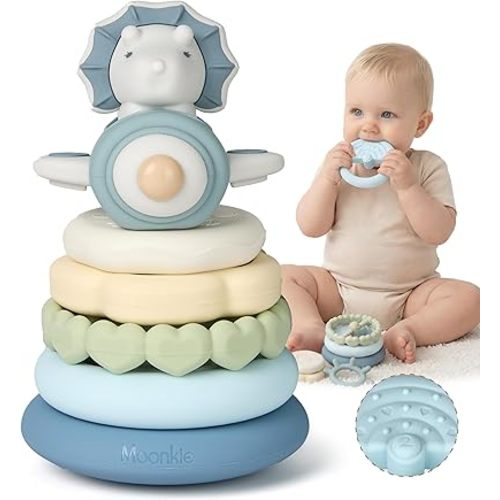Moonkie Dinosaur Baby Stacking Toys | 7-Piece Silicone Rings for Teething Relief | Educational Toy for Infants & Toddlers 6 Months+ | Baby Shower or Birthday Gift for Boys