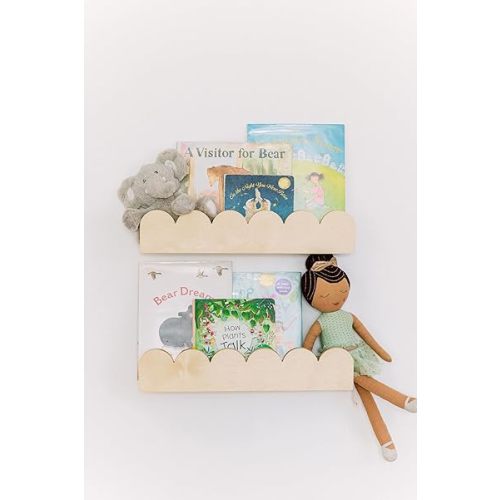 Floating Nursery Book Shelves with Scalloped Edges - Wooden Montessori Hanging Bookshelves for Kids Rooms - Toddler Wall Mounted Bookshelf Rack for Bedroom, Playroom, Classroom - Set of 2