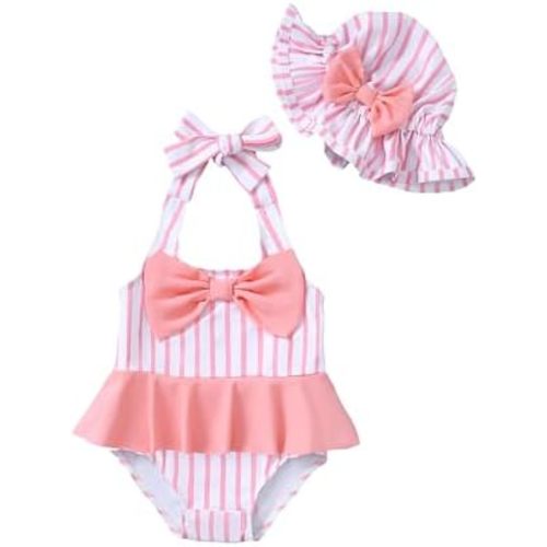 Kucnuzki Baby Girl Swimsuit Newborn One Piece Bathing Suit Bow Tie Bikini Tankini Infant Swimwear with Hat