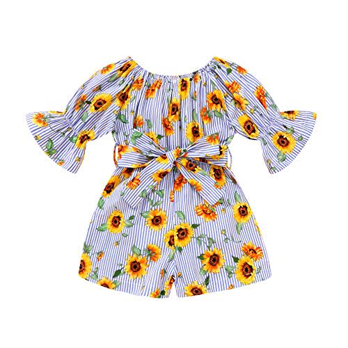 YOUNGER TREE Kids Toddler Baby Girls Summer Outfit Off-Shoulder Sunflower Overall Romper Jumpsuit Short Trousers Clothes