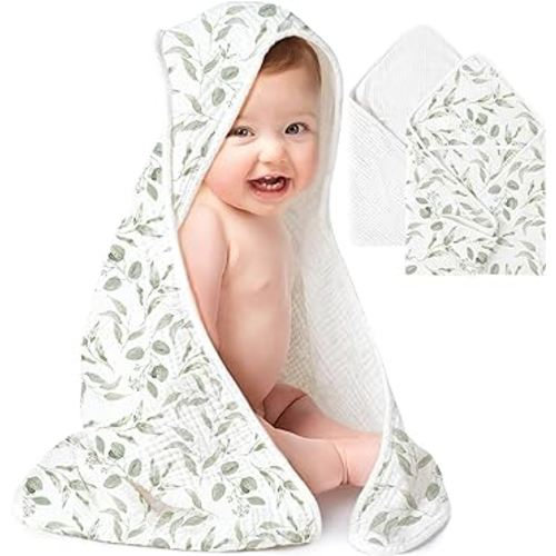 Konssy 2 Pack Muslin Hooded Baby Towels Soft 100% Cotton Baby Bath Towel for Newborn, Infant Ultra Absorbent, Natural Baby Stuff Baby Bath Shower Gifts for Boy and Girl (White,Watercolour,32" x 32")
