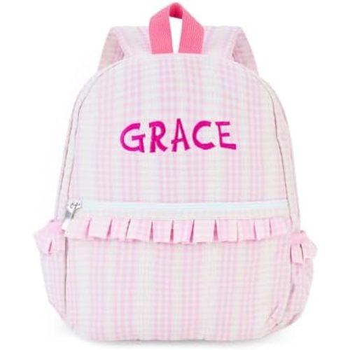 MT WORLD Ruffle Daycare Backpack Personalized Pink Gingham Backpack with Embroidered Name - 12inch Little Dancer Daypack with Lace - Small Daycare Bag for Travel Birthday Xmas Gifts
