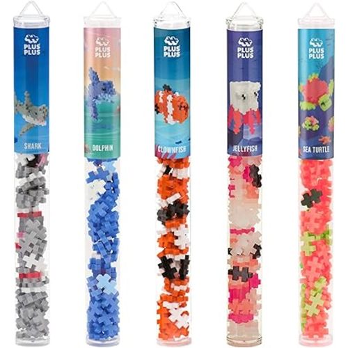 PLUS PLUS Building Block Playset Kit, Themed Figures 3D Puzzle, Fun Stem Toys for Kids, 350 Mini Interlocking Pieces - 5 Tube Bundle, Ocean