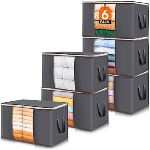 Lifewit 6 Pack Clothes Storage Bins with Lids, Foldable Blanket Storage Bags with Zippers, Clear Window and Reinforced Handles, Closet and Organization for Clothing, Sweater, Comforter, Bedding