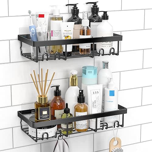 Moforoco Self Adhesive Shower Caddy Bathroom Shelves Wall Inside Shelf Organizer Rack Black
