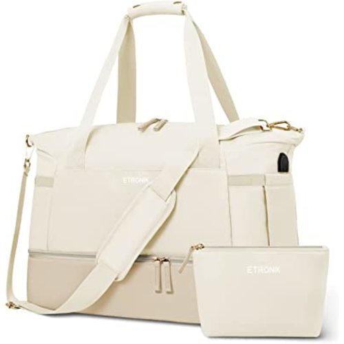 Gym Bag for Women, Sports Travel Duffel Bag with USB Charging Port, Weekender Overnight Bag with Wet Pocket and Shoes Compartment for Women Girls Travel, Gym, Yoga, School (Beige)