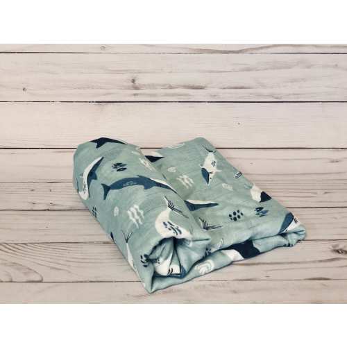 Turquoise Blue Shark Organic Cotton Muslin Baby Swaddle Blanket