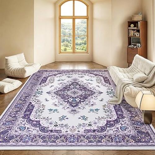 HOMORE Purple Area Rug 5x7 Living Room Rug, Non Slip Washable Rugs for Bedroom Faux Wool Throw Rug for Dining Room Office Ultra Thin Vintage Floral Rug for Entryway Kitchen Farmhouse Decor