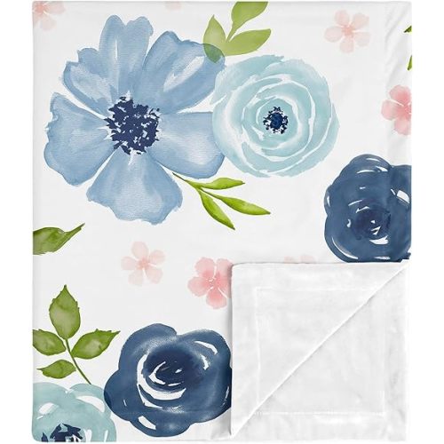 Sweet Jojo Designs Navy Blue and Pink Watercolor Floral Baby Girl Receiving Security Swaddle Blanket for Newborn or Toddler Nursery Car Seat Stroller Soft Minky - Blush Green White Shabby Chic Flower