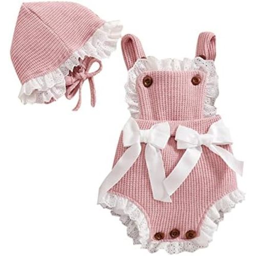 Newborn Baby Girl Outfit Bow Decor Lace Trim Waffle Overall Romper + Hat Infant Clothing Set