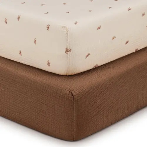 Blissful Diary Muslin Crib Sheets for Girl Boy, Boho Neutral Soft Cotton Baby Sheet for 52''x28'' Standard Crib Mattress, 2 Pack(Sunshine&Brown)