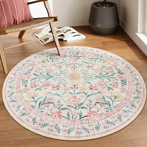 Lahome Boho Light Pink Round Rug 4ft, Washable Small Circle Rugs for Bedroom, Pink and Green Nursery Circular Carpet Girl, Soft Non-Slip Round Carpet for Kids Sunroom, Blush