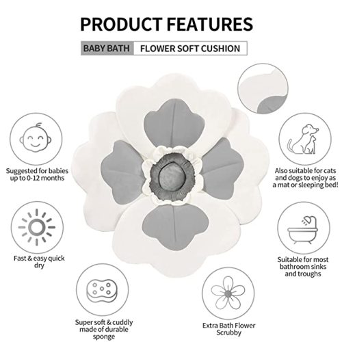 Flower Babybath Pad, Soft Seat Support for Infant Bathing, Baby Bath Sink Bather Pillow, Newborns Quick-Drying Baby Bath Mat - 4 Petals (Gray-White)