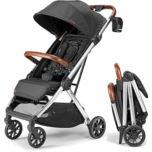 Bombi Bēbee V2 Lightweight Baby Stroller - Premium Vegan Leather, One-Hand Fold, Infinite Recline, Aircraft-Grade Aluminum Frame, XXL Canopy, and Ample Storage Umbrella Stroller - Midnight Black
