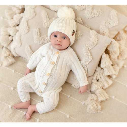Baby Knit Jumper full buttoned newborn size classic romper in milk white | MILO
