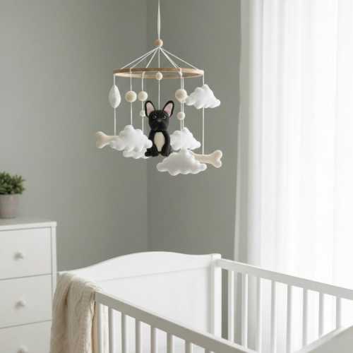 Crib Mobile with French Bulldog Felt Balls and Clouds
