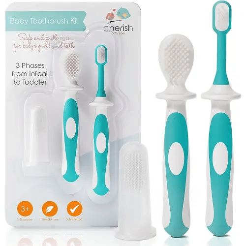 Cherish Baby Care 3 Piece Baby Toothbrush Set with Infant Finger Toothbrush - Silicone Toothbrush & Toddler Toothbrush - Perfect Babys First Toothbrush Set (Teal)
