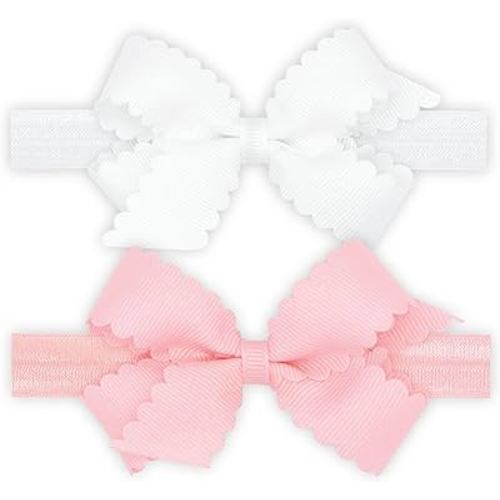 Wee Ones Girls' Two-Pack of Grosgrain Bows with Scalloped Edge on a WeeStay Hair Clip, Handmade, Mini, White/Pink