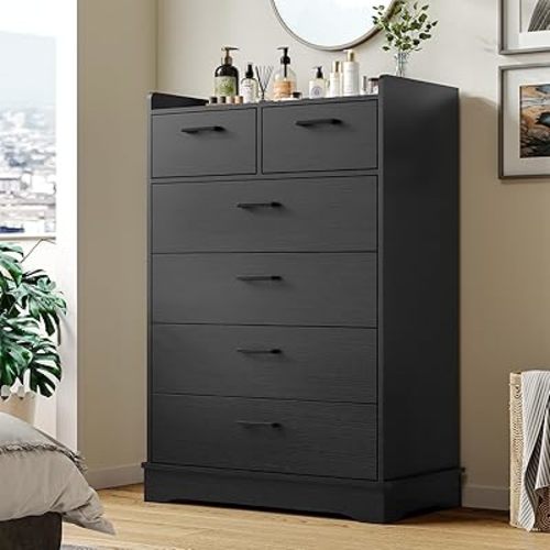 Hasuit Black 6 Drawer Dresser, Wooden Storage Chest of 6 Drawers, Vertical Large Capacity Clothing Storage Organizer, Tall Dressers for Bedroom, Hallway, Entryway
