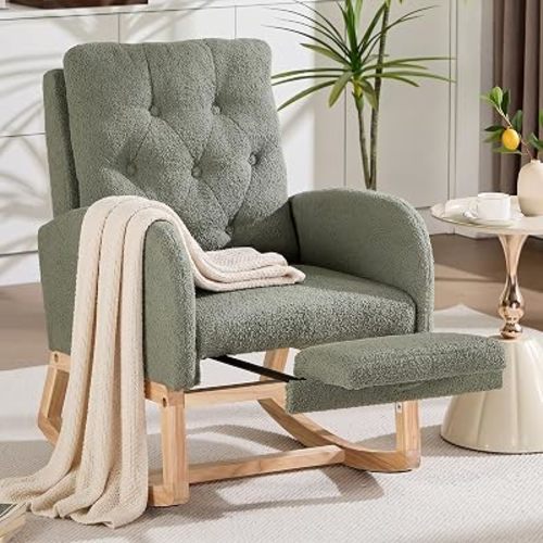 Nursery Rocking Chair, Teddy Upholstered Glider Rocker with Adjustable Footrest, Button Tufted Glider Recliner with Side Pocket & High Back, Accent Chair for Living Room (Green Teddy)