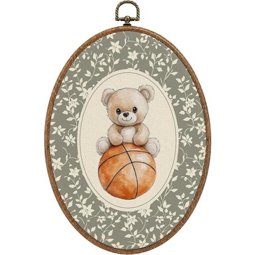 RUKUPA Vintage Floral Basketball Bear Nursery Oval Wall Art, Sports Room Wall Hanging Decor, Basketball Bear Farmhouse Oval Canvas Artwork Framed Prints for Kids Room Bedroom Playroom, 8.6x11.4 Inch