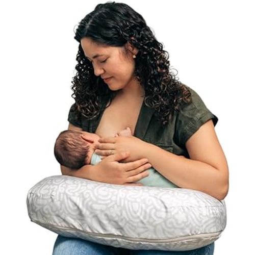 Boppy Nursing Pillow - Ergonomic Bottle & Breastfeeding Pillow with High, Firm, Large Area, Water-Repellent Cushion with Washable Cover; Baby Safety Alliance Verified - Cream Retro Squiggles