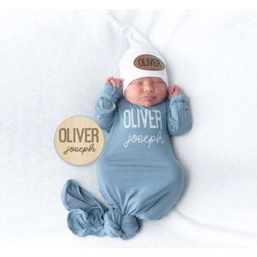 Newborn Boy Hospital Outfit, Baby Boy Personalized Bamboo Knotted Gown, Blue Newborn Outfit, Coming Home Outfit