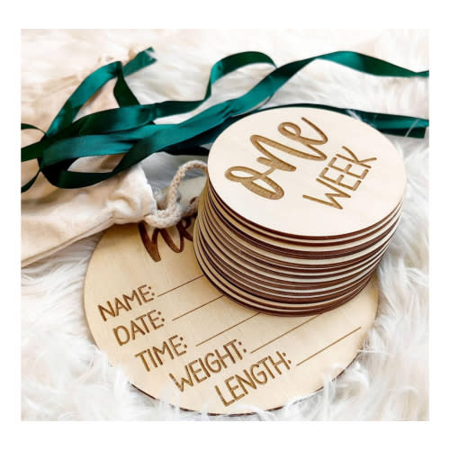 Wooden Milestone Cards and Discs 16pc Set for Baby Photos and First Year Milestones - New Parents and Baby Showers with "Hello World" Sign and Monthly Cards from 1-12 Months