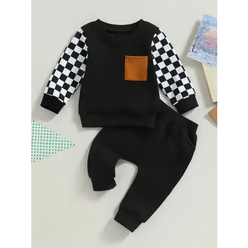 New Baby Boy Checkerboard Pattern Long Sleeve Sweatshirt Elastic Pants, Kids Casual Clothes
