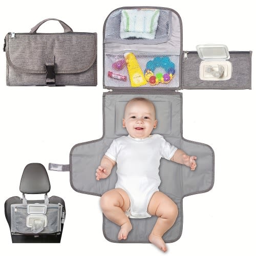 Portable Diaper Changing Pad, Large Diaper Changing Pad, Fit for 0-12 Months Baby, Baby Waterproof Foldable Changing Mat with Oversized Pillow, Travel Baby Changing Pad with Wipes Pocket