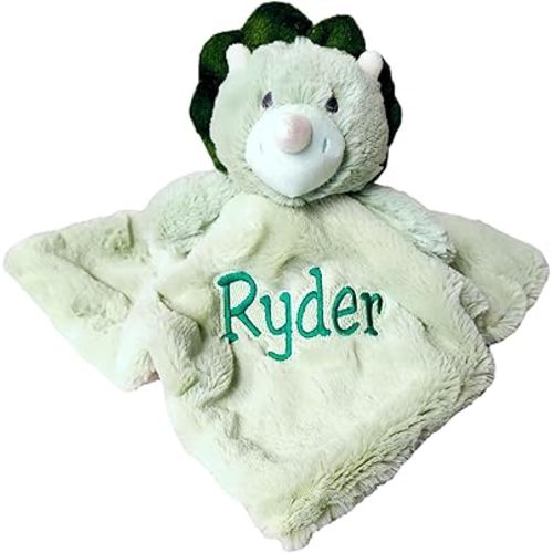 SONA G DESIGNS Custom Personalized Dinosaur Lovey Lovie Security Blanket with Rattle (Green Dino with Embroidered Name)