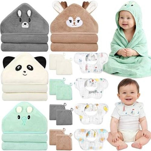16 Pcs Baby Towels Set for Infants Toddlers, 4 Pcs Hooded Bath Towels, 4 Pcs Cotton Bibs & 8 Pcs Washcloths Set, Absorbent Soft Newborn Gift for Boys & Girls-Elephants, Pandas, Bears & Moose