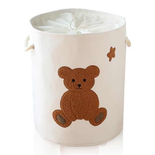 INough Large Laundry Basket Tall Baskets Storage for Dirty Clothes, Toys Storage Bins Baby Hamper 58L Clothes Hamper Blanket Basket Baby Toys Organizer for Nursery Bedroom Living Room Decor, Bear