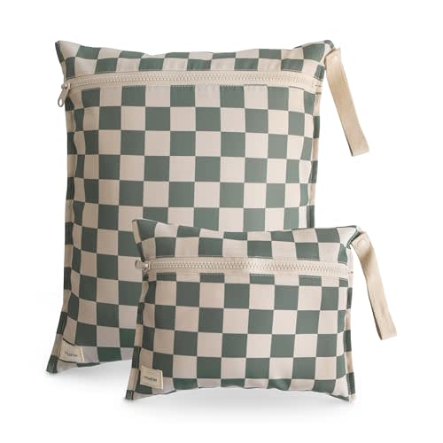 mushie Water Resistant Wet Bags | Large & Small Reusable Storage Bag for Baby Items and Travel | Zippered Pockets with Handle | Machine Washable, Set of 2 (Olive Check)