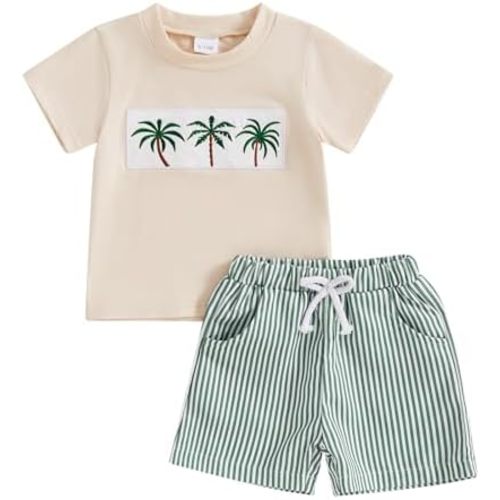 Toddler Baby Boy Summer Outfits Short Sleeve Embroidered T Shirt Tees + Striped/Plaid Shorts Infant Clothes Set