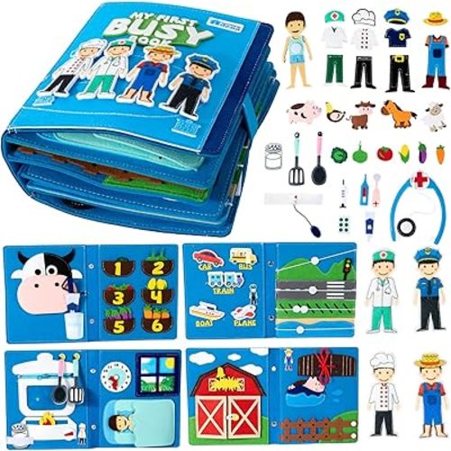 Adena Montessori Felt Busy Book for 3+ Toddlers - Montessori Sensory Board Toys with Occupation Role Play Games (Doctor, Farmer, Police, Chef) - Fine Motor Skills Development for Boys & Girls