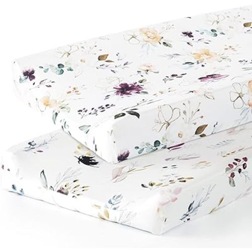 GRSSDER Stretch Ultra Soft Jersey Knit Changing Pad Cover Set 2 Pack,Change Table Pad Covers Fit 32"/34" x 16" Pads Safe and Snug,Watercolor Pretty Purple Flora for Girls