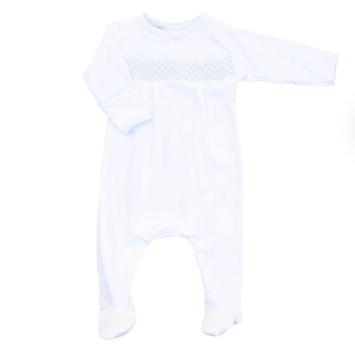Magnolia Baby Boy Essentials Smocked White Footie with Blue Trim