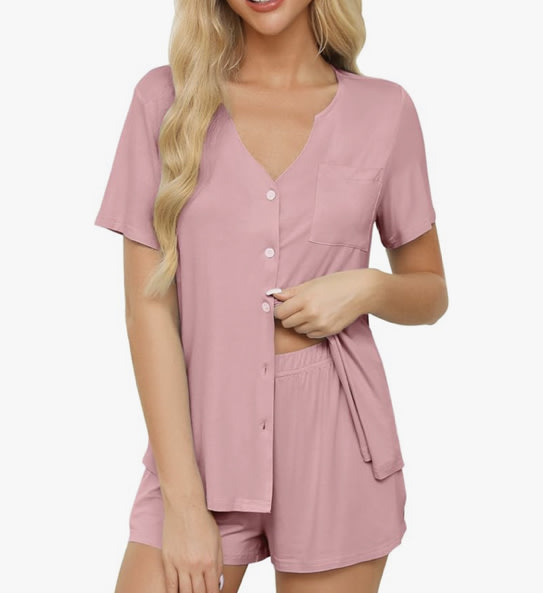 Anjue Pajamas for Women Soft Button Up Pajama Set Short Sleeve Shirt and Pajama Pants Lounge Sets S-XXL