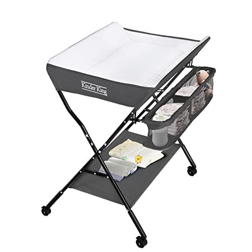 Kinder King Portable Baby Changing Table w/Wheels, Adjustable Height Folding Infant Diaper Station, Mobile Newborn Nursery Organizer, Large Storage Rack, Grey