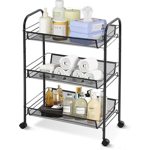 3 Tier Rolling Cart for Bathroom - Lightweight Metal Wire Storage Organizer with Wheels, Holds Toiletries & Cosmetics, Tool-Free Assembly, Black
