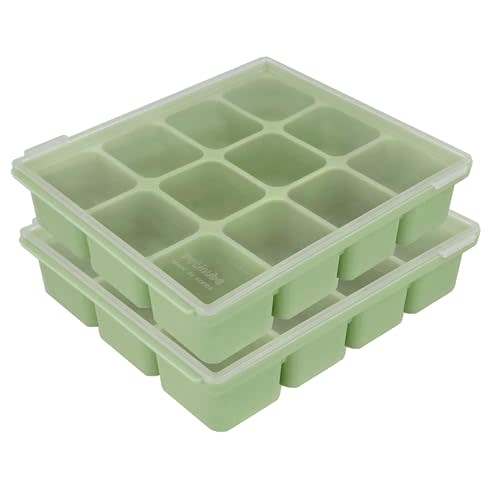 PETINUBE Baby Food Storage Silicone Cubes with Clip-On Lid Freezer Tray Baby Food Soups Purees Ice Safe Design Made in Korea (12cubes 1.5oz, Celadon Green Set of 2)