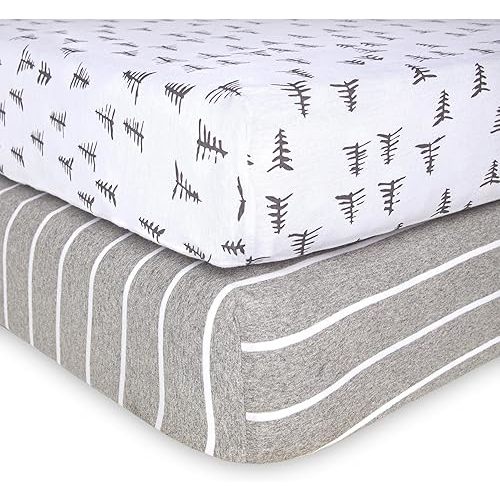 Burt's Bees Baby Fitted Crib Sheet Organic Cotton BEESNUG - Pine Forest and Stripe Prints, Fits Unisex Standard Bed and Toddler Mattress, Infant Essentials, 52 x 28 Inch 2-Packs