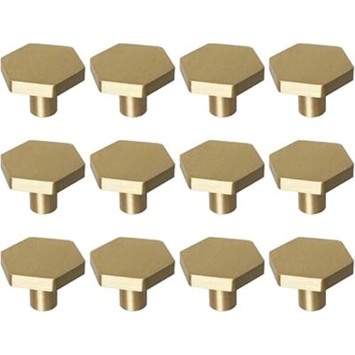 RZDEAL 1-1/10" Solid Brass Knobs Shoe Cabinets Knob and Pulls Brushed Gold Hexagon Handles for Dresser Drawer (12Pcs)