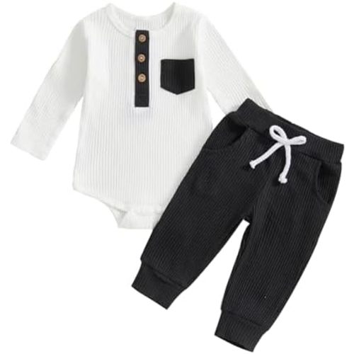 fhutpw Baby Boy Clothes 3 6 12 18 Months Ribbed Knitted Long Sleeve Romper and Pants Sets Newborn Fall Splicing Color Outfits