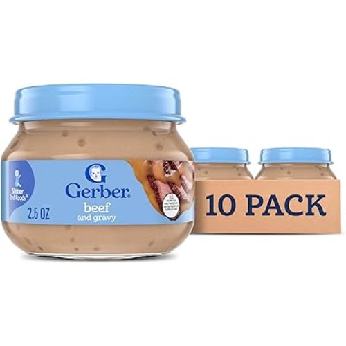 Gerber Stage 2 Baby Food, Ham and Gravy Jar, Baby Food Puree, Baby Mealtime, Baby Puree Jars Glass, 10-Pack