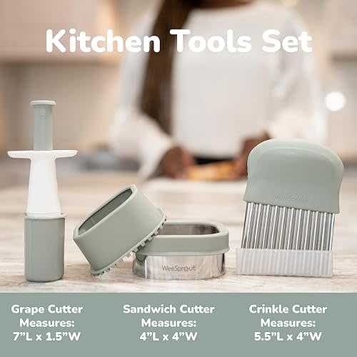 Baby Led Weaning Kitchen Tool Set, Includes Crinkle Cutter, Grape Cutter & Sandwich Cutter, Made In Collaboration With Feeding Specialist, Durable & Dishwasher Safe, Matte Green