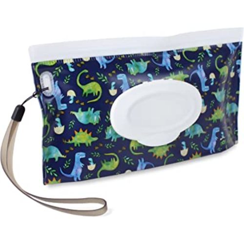 Itzy Ritzy Travel Wipes Case - Reusable Wipe Pouch – Take & Travel Pouch Holds Up to 30 Wet Wipes, Includes Silicone Wristlet Strap, Raining Dinosaurs