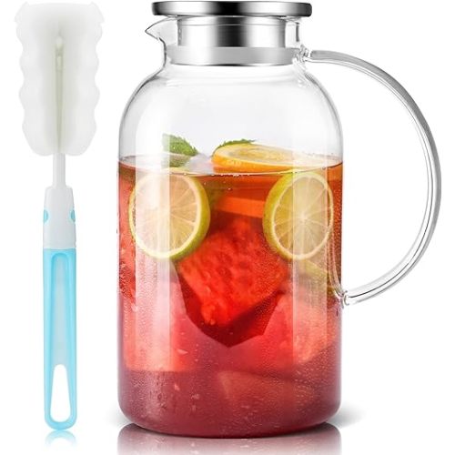 SUSTEAS 2.2 Liter 75oz Glass Pitcher with Lid, Easy Clean Heat Resistant Glass Water Carafe with Handle for Hot/Cold Beverages - Water, Cold Brew, Iced Tea & Juice, 1 Long-Handled Brush Included